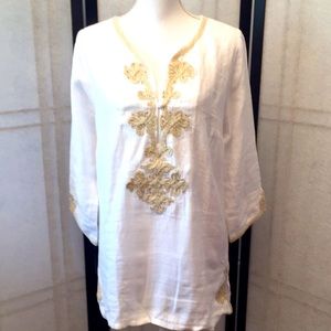 Soft Surroundings White Linen Tunic with Gold Trim